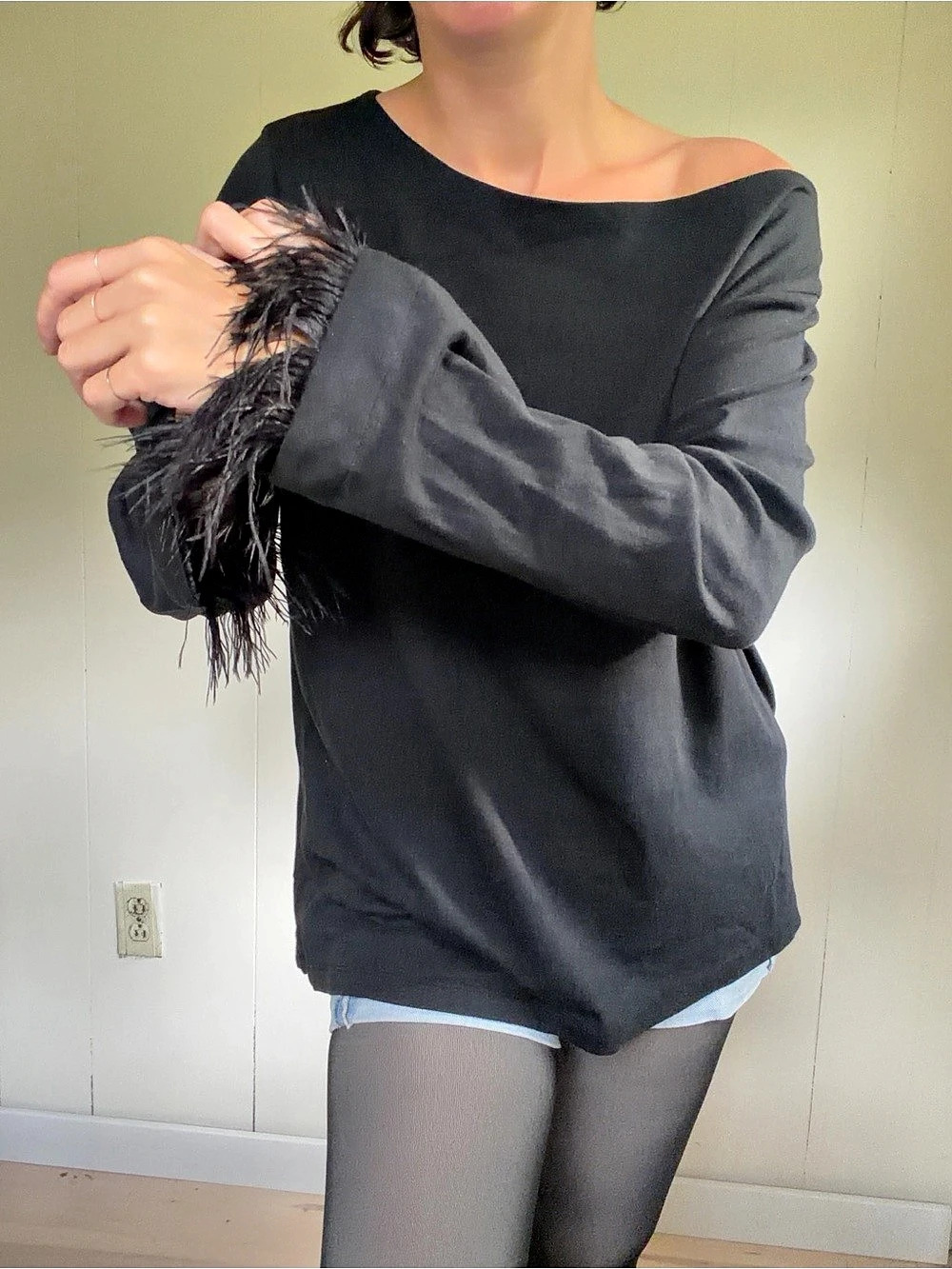 100% cotton Feather-Trim Long Sleeve Shirt Black XL whimsigoth minimalist